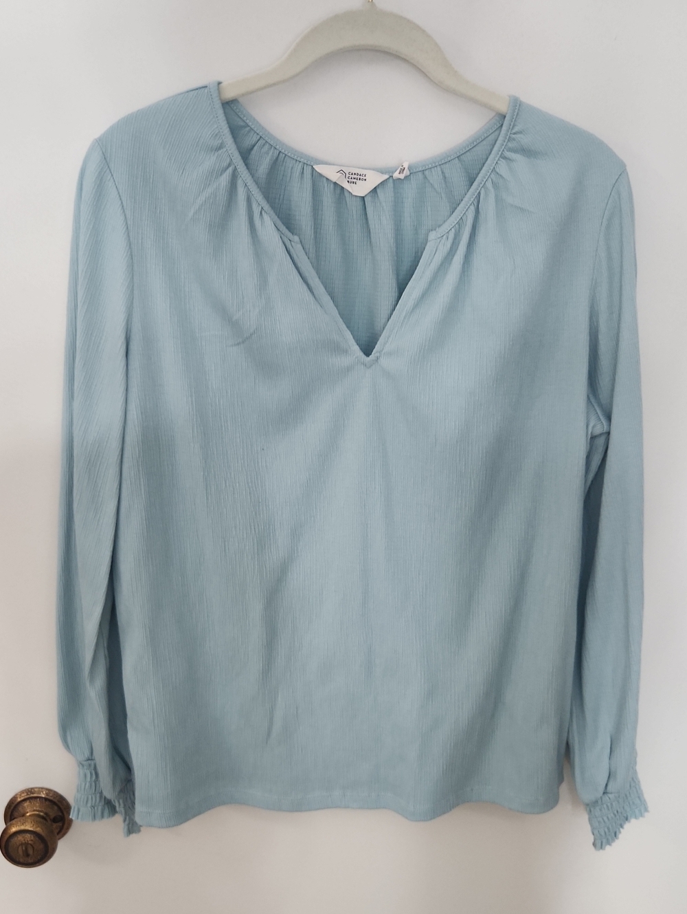 Candace Cameron Bure Pale Blue V-Neck Long Sleeve Blouse